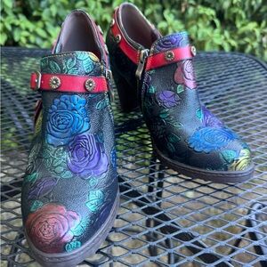 Hand painted Floral Embossed Ankle Boots with Red Accents